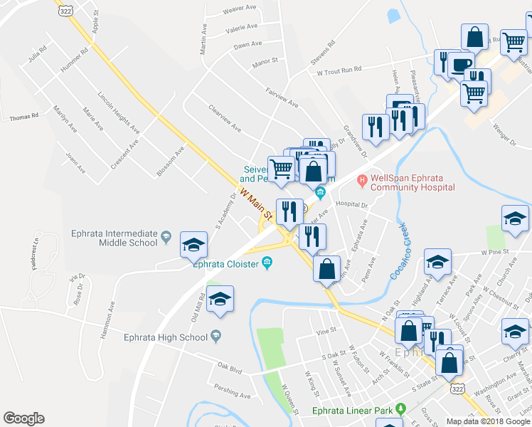 map of restaurants, bars, coffee shops, grocery stores, and more near 810 West Main Street in Ephrata