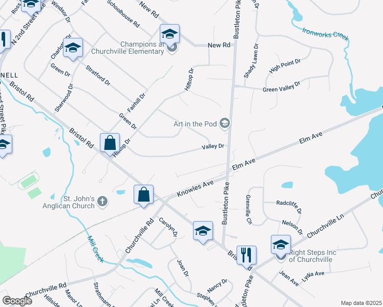 map of restaurants, bars, coffee shops, grocery stores, and more near 78 Valley Drive in Churchville
