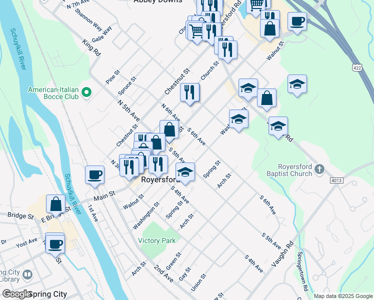 map of restaurants, bars, coffee shops, grocery stores, and more near 524 Walnut Street in Royersford