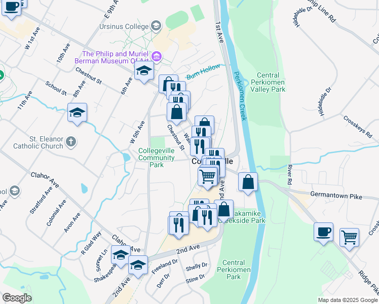 map of restaurants, bars, coffee shops, grocery stores, and more near 315 Chestnut Street in Collegeville