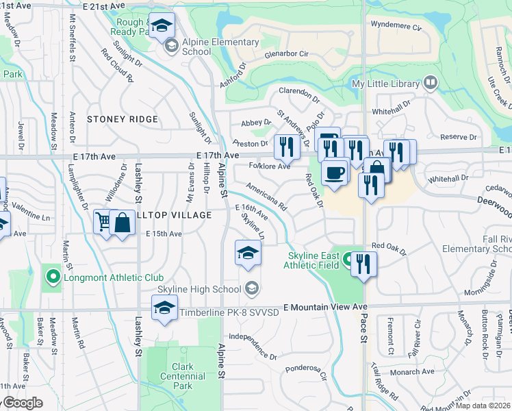 map of restaurants, bars, coffee shops, grocery stores, and more near 524 East 16th Avenue in Longmont