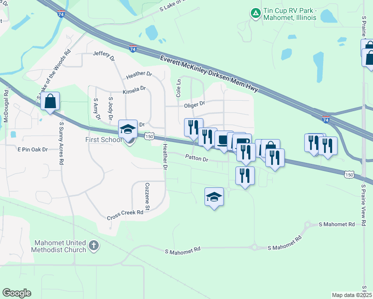 map of restaurants, bars, coffee shops, grocery stores, and more near 1001 Commercial Drive in Mahomet