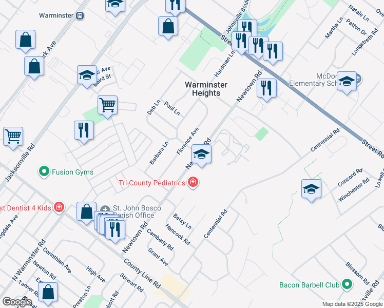 map of restaurants, bars, coffee shops, grocery stores, and more near 288 Newtown Road in Warminster Heights