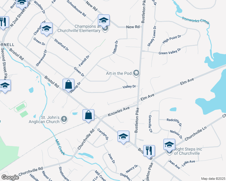 map of restaurants, bars, coffee shops, grocery stores, and more near 86 Valley Drive in Bucks County
