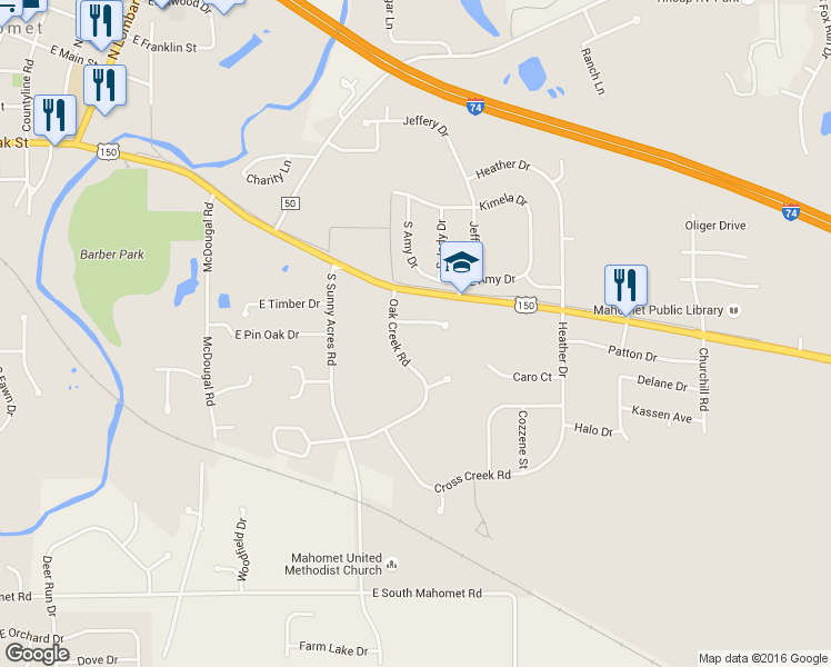 map of restaurants, bars, coffee shops, grocery stores, and more near 1306 Hickory Tree Court in Mahomet