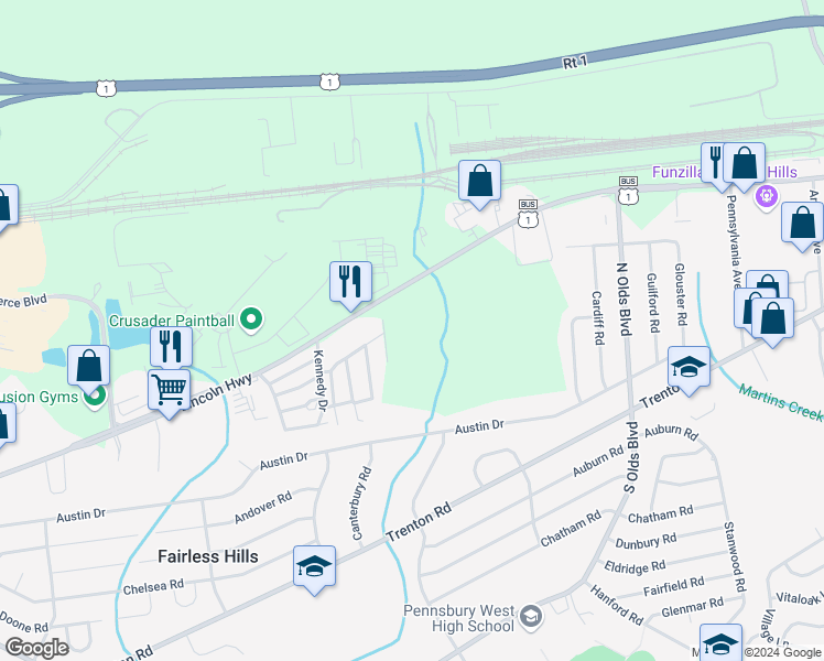 map of restaurants, bars, coffee shops, grocery stores, and more near 401 Reagan Drive in Fairless Hills