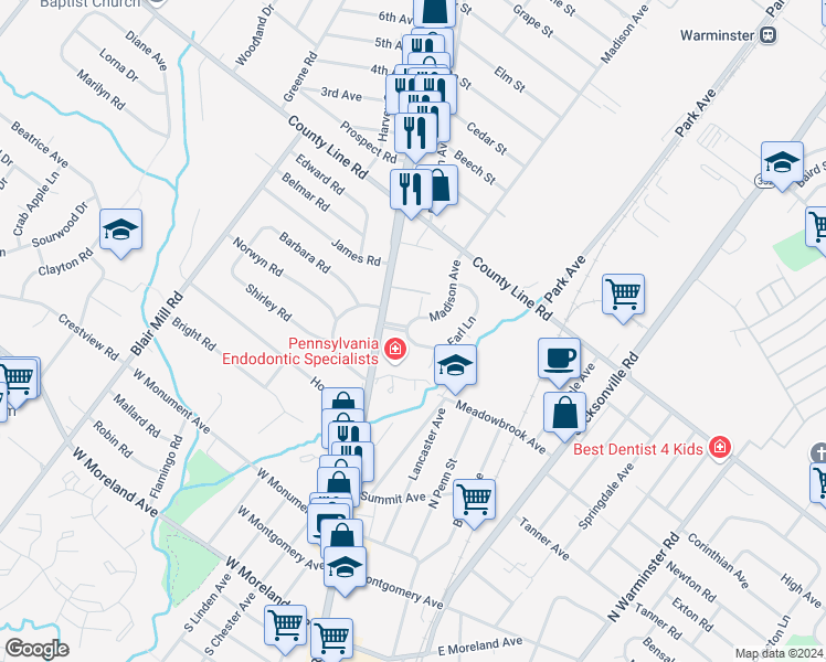 map of restaurants, bars, coffee shops, grocery stores, and more near 101 Earl Lane in Hatboro
