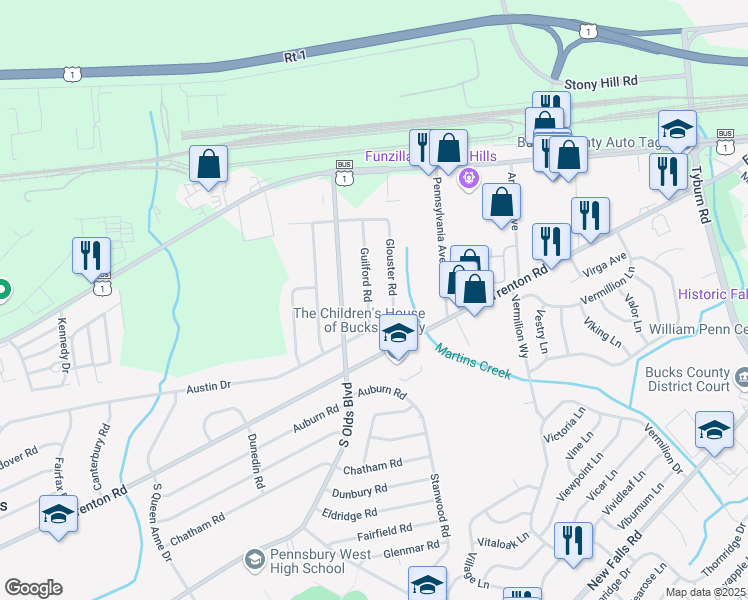 map of restaurants, bars, coffee shops, grocery stores, and more near 224 Guilford Road in Fairless Hills