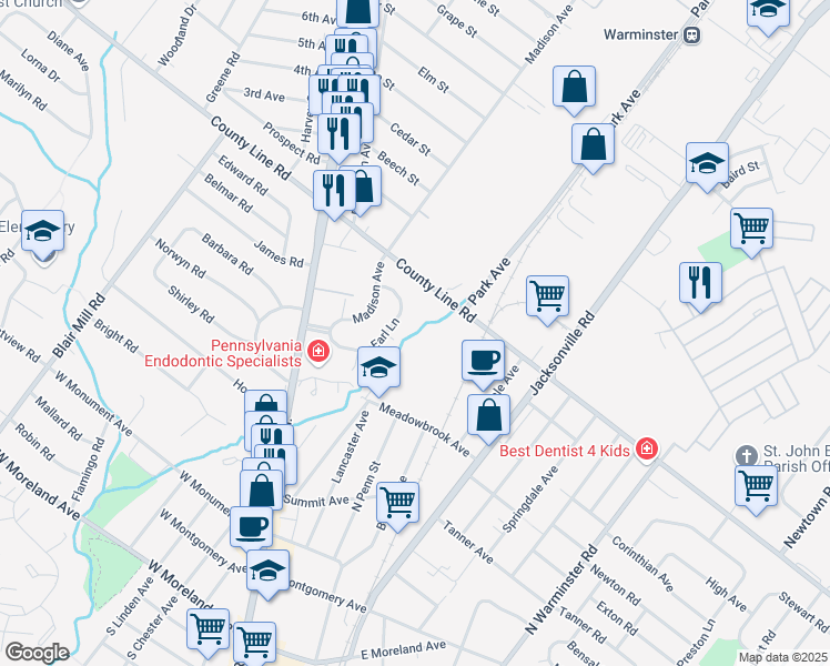 map of restaurants, bars, coffee shops, grocery stores, and more near 2827 East County Line Road in Hatboro