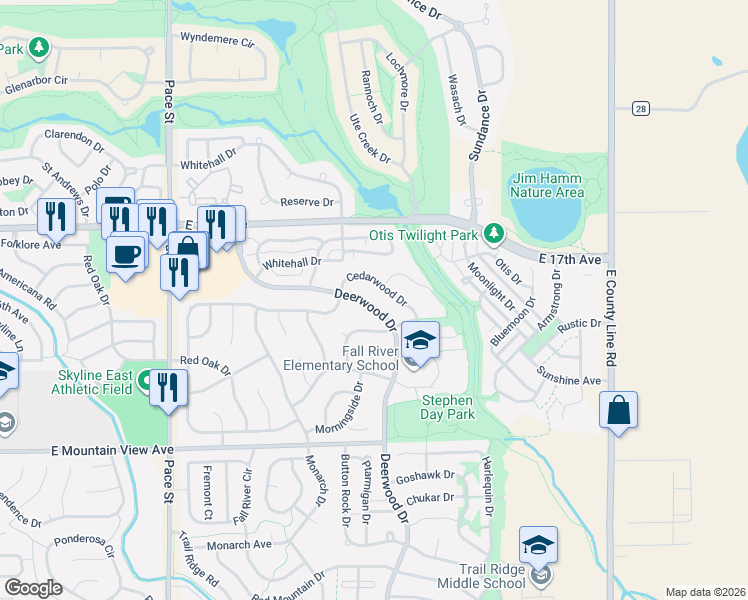 map of restaurants, bars, coffee shops, grocery stores, and more near 1530 Deerwood Drive in Longmont