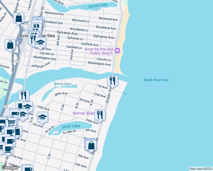 map of restaurants, bars, coffee shops, grocery stores, and more near 104 1st Avenue in Belmar