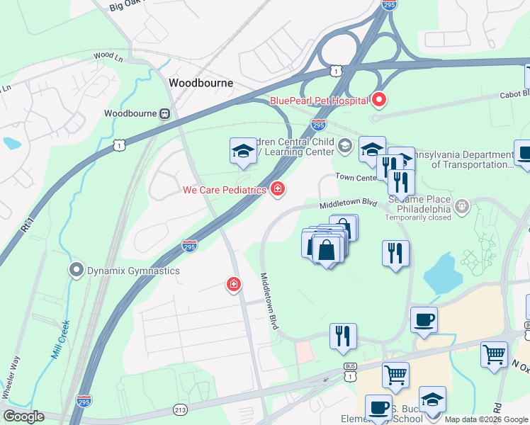 map of restaurants, bars, coffee shops, grocery stores, and more near 402 Middletown Boulevard in Langhorne