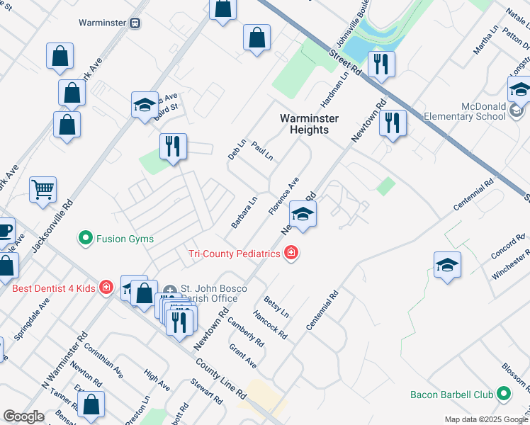 map of restaurants, bars, coffee shops, grocery stores, and more near 266 Florence Avenue in Warminster