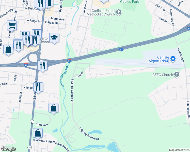 map of restaurants, bars, coffee shops, grocery stores, and more near 232 Meals Drive in Carlisle