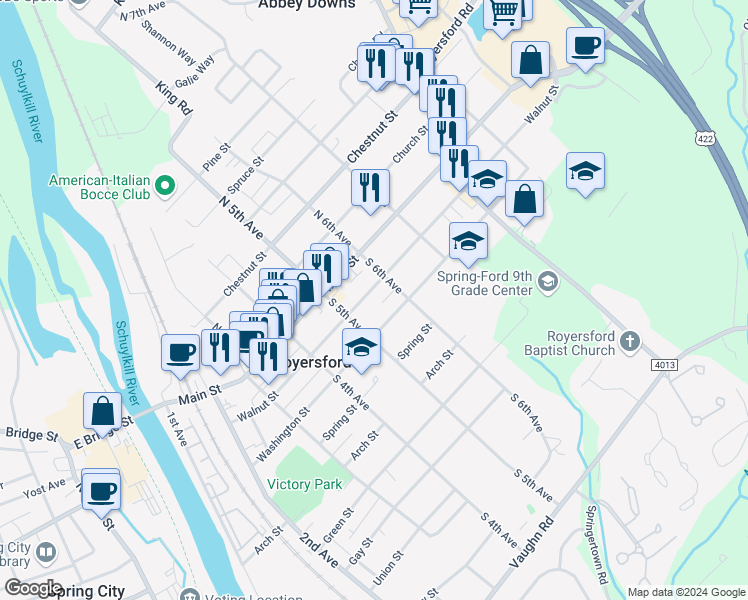 map of restaurants, bars, coffee shops, grocery stores, and more near 532 Walnut Street in Royersford
