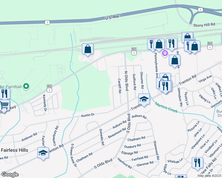 map of restaurants, bars, coffee shops, grocery stores, and more near 257 Collingswood Road in Fairless Hills