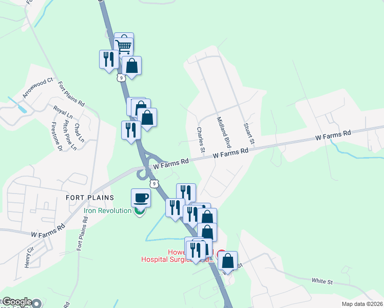 map of restaurants, bars, coffee shops, grocery stores, and more near 906 West Farms Road in Howell