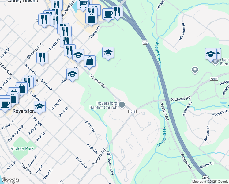 map of restaurants, bars, coffee shops, grocery stores, and more near 429 South Lewis Road in Royersford