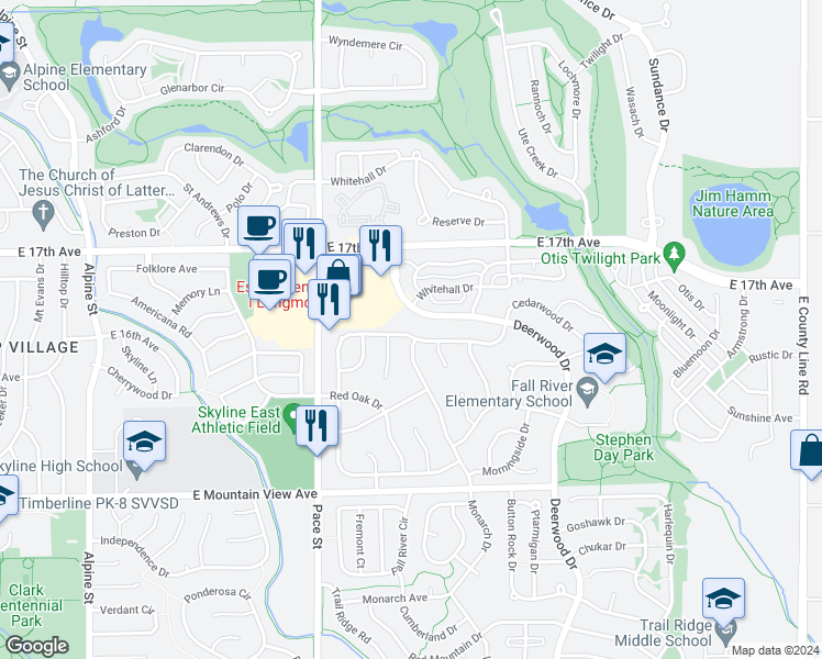 map of restaurants, bars, coffee shops, grocery stores, and more near 1522 Cedarwood Drive in Longmont