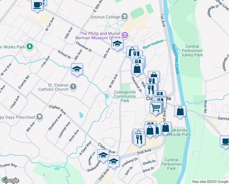 map of restaurants, bars, coffee shops, grocery stores, and more near 235 Independence Court in Collegeville