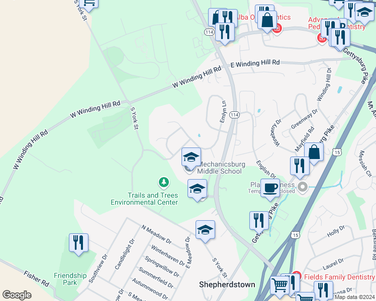 map of restaurants, bars, coffee shops, grocery stores, and more near 104 Lavynndon Lane in Mechanicsburg