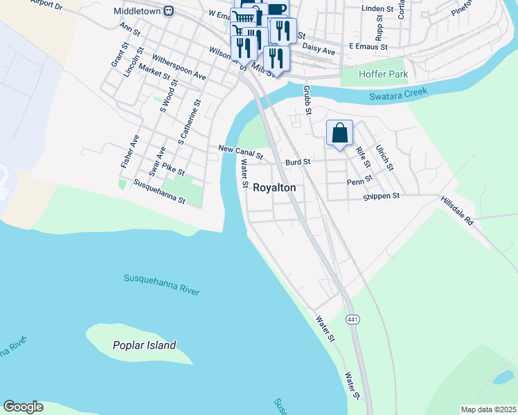 map of restaurants, bars, coffee shops, grocery stores, and more near 19 Juniata Street in Middletown