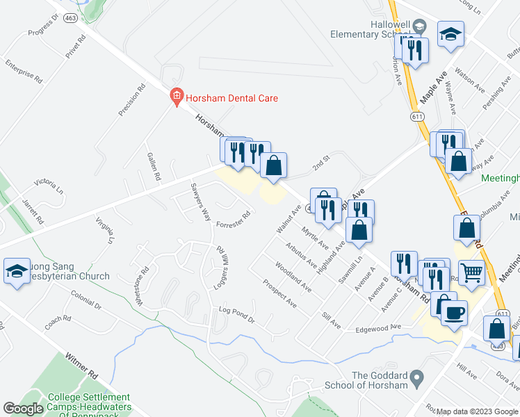 map of restaurants, bars, coffee shops, grocery stores, and more near 1 Greenwoods Drive in Horsham
