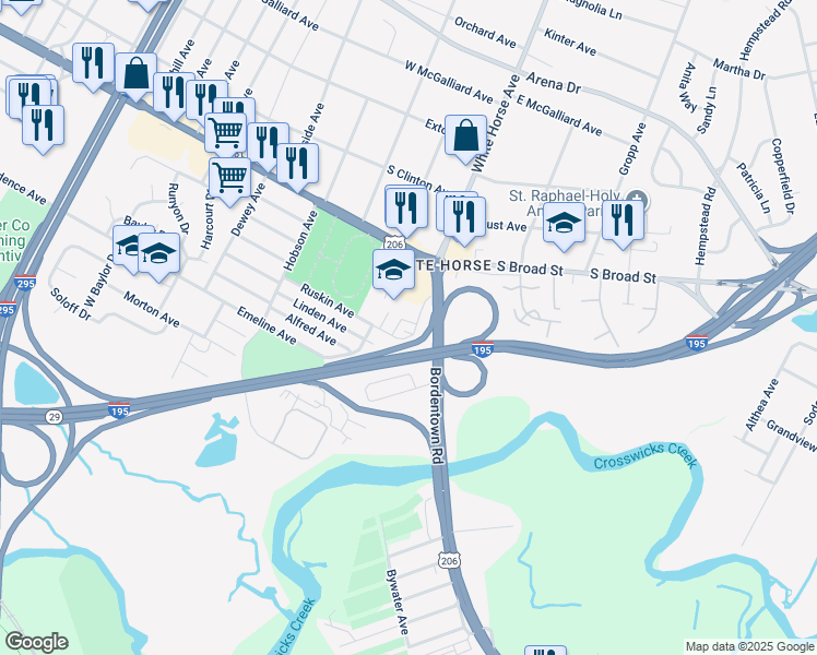 map of restaurants, bars, coffee shops, grocery stores, and more near 103 Pearson Drive in Hamilton Township