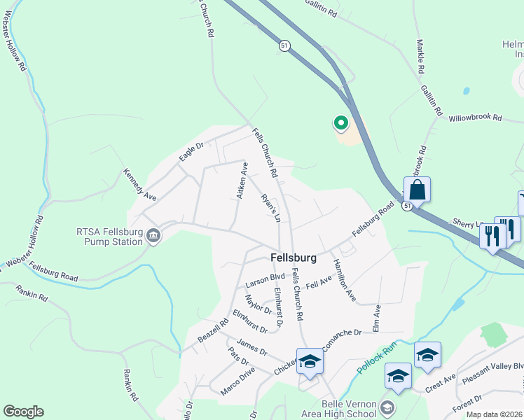 map of restaurants, bars, coffee shops, grocery stores, and more near 314 Aitken Avenue in Belle Vernon