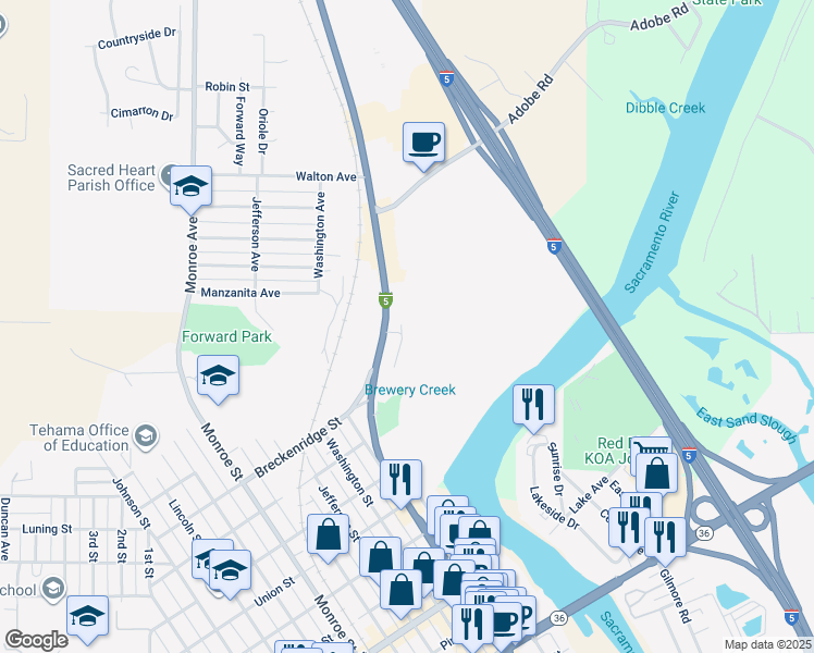 map of restaurants, bars, coffee shops, grocery stores, and more near 10 Duncan Road in Red Bluff