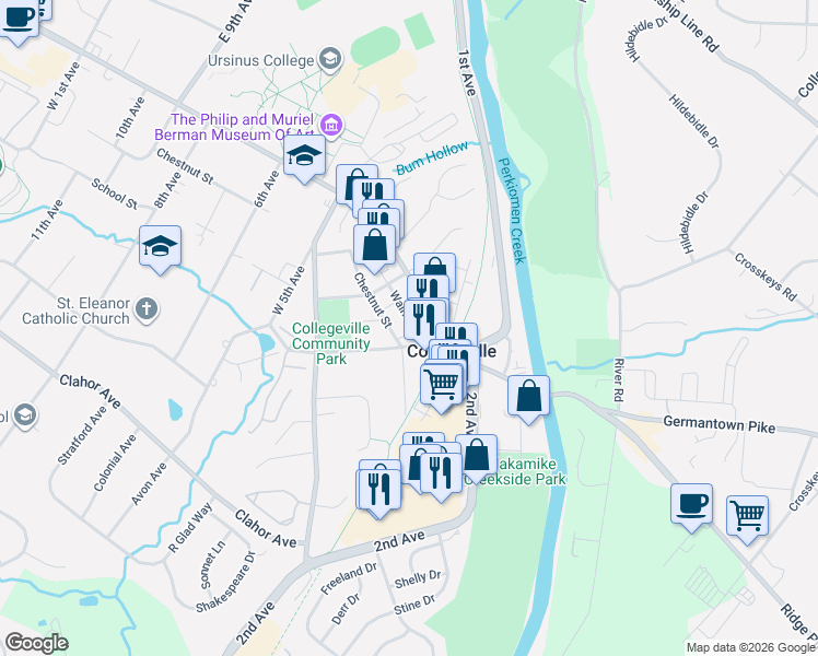 map of restaurants, bars, coffee shops, grocery stores, and more near in Collegeville