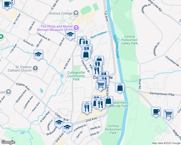map of restaurants, bars, coffee shops, grocery stores, and more near 315 Chestnut Street in Collegeville