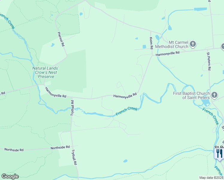 map of restaurants, bars, coffee shops, grocery stores, and more near 2393 Harmonyville Road in Elverson
