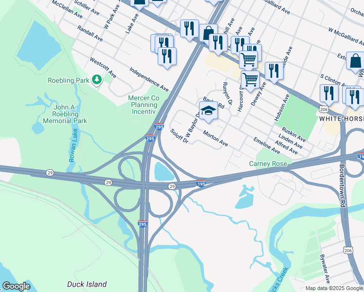 map of restaurants, bars, coffee shops, grocery stores, and more near 58 Soloff Drive in Hamilton Township