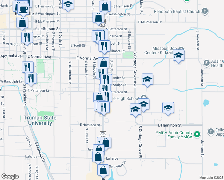 map of restaurants, bars, coffee shops, grocery stores, and more near 1109 South Baltimore Street in Kirksville