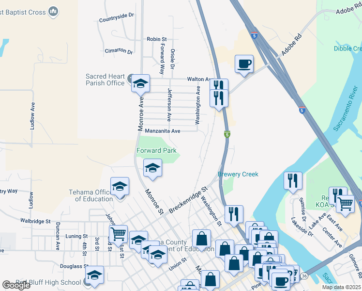 map of restaurants, bars, coffee shops, grocery stores, and more near 1920 Jefferson Ave in Red Bluff