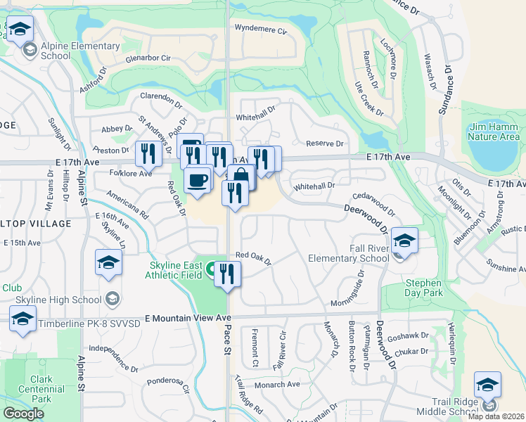 map of restaurants, bars, coffee shops, grocery stores, and more near 1464 Cedarwood Drive in Longmont