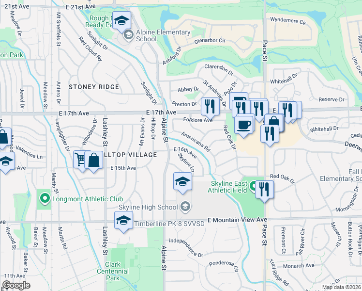map of restaurants, bars, coffee shops, grocery stores, and more near 524 East 16th Avenue in Longmont