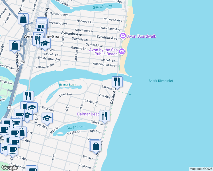 map of restaurants, bars, coffee shops, grocery stores, and more near 104 1st Avenue in Belmar