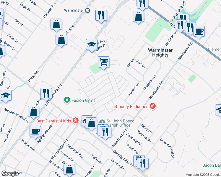 map of restaurants, bars, coffee shops, grocery stores, and more near 63 Grier Street in Warminster