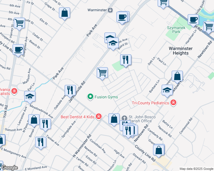 map of restaurants, bars, coffee shops, grocery stores, and more near 3 Potter St in Warminster