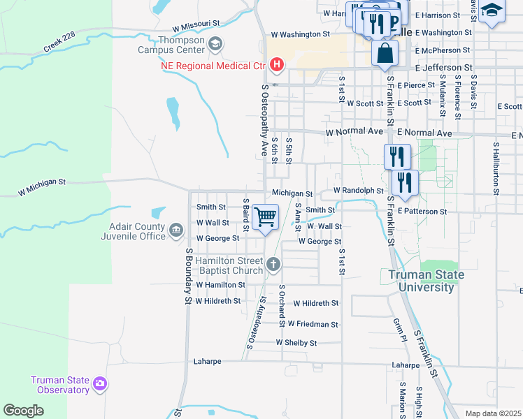 map of restaurants, bars, coffee shops, grocery stores, and more near 901 W Smith St in Kirksville