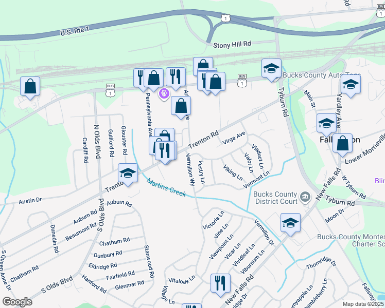 map of restaurants, bars, coffee shops, grocery stores, and more near 5 Vermillion Lane in Levittown