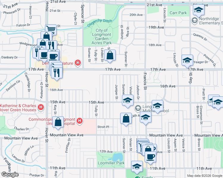 map of restaurants, bars, coffee shops, grocery stores, and more near 1538 Sunset Street in Longmont
