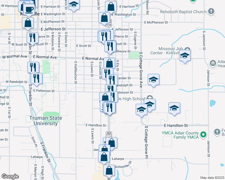 map of restaurants, bars, coffee shops, grocery stores, and more near 1109 South Baltimore Street in Kirksville