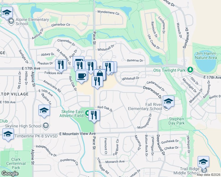 map of restaurants, bars, coffee shops, grocery stores, and more near 1464 Cedarwood Drive in Longmont