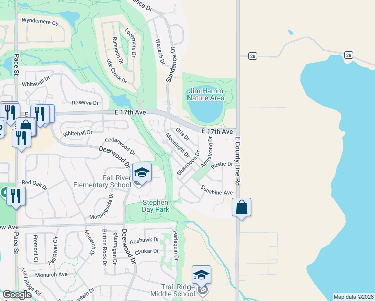 map of restaurants, bars, coffee shops, grocery stores, and more near 1478 Moonlight Drive in Longmont