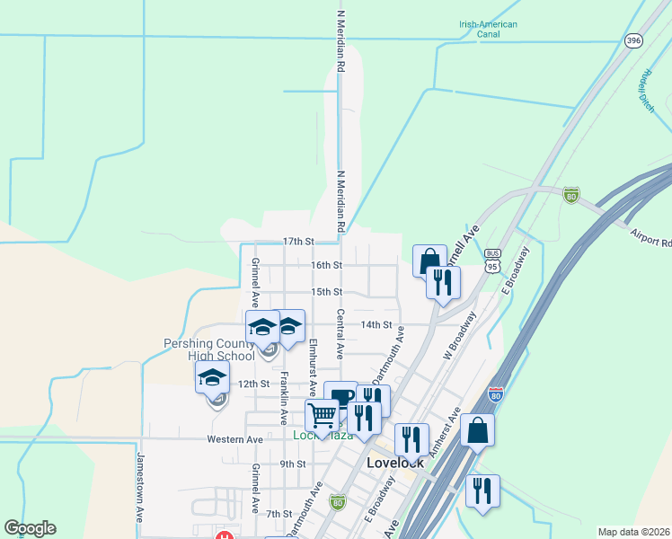 map of restaurants, bars, coffee shops, grocery stores, and more near 505 16th Street in Lovelock