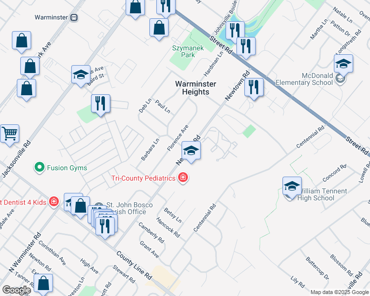 map of restaurants, bars, coffee shops, grocery stores, and more near 289 Ann Lane in Warminster