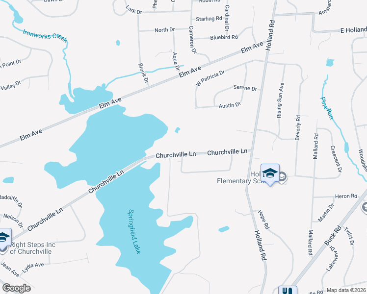 map of restaurants, bars, coffee shops, grocery stores, and more near 501 Churchville Lane in Churchville